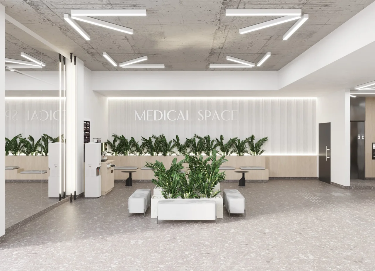 Візуалізація світлого холу Medical Space із зоною очікування